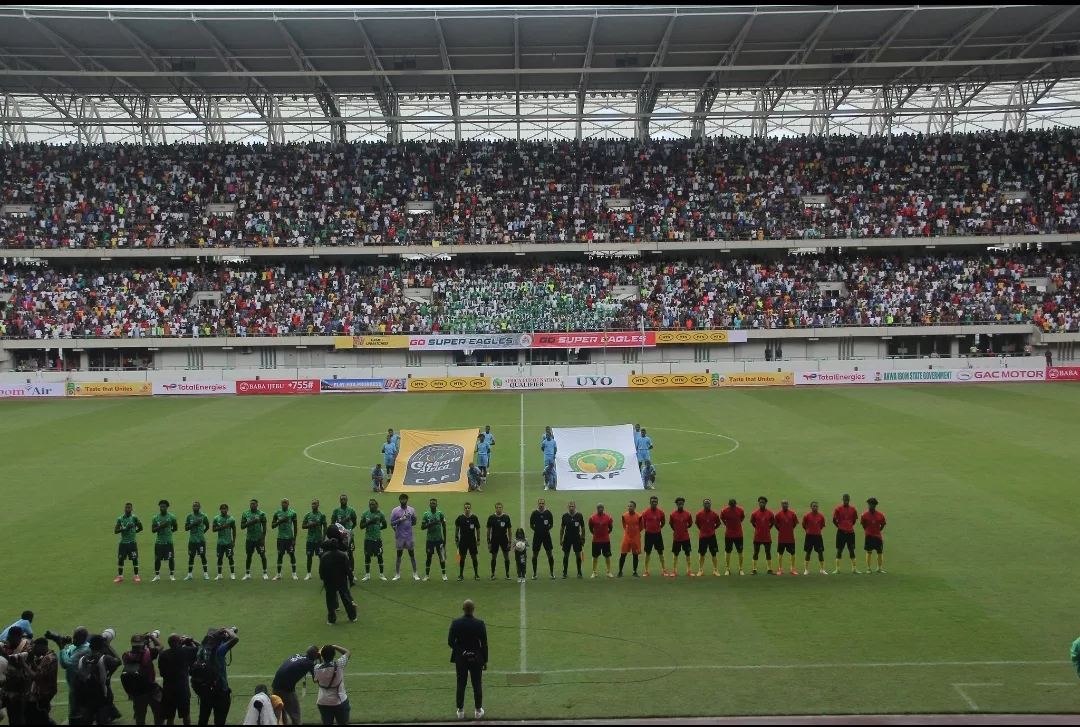 Sao Tome and Principe line up against the Super Eagles before kick-off.